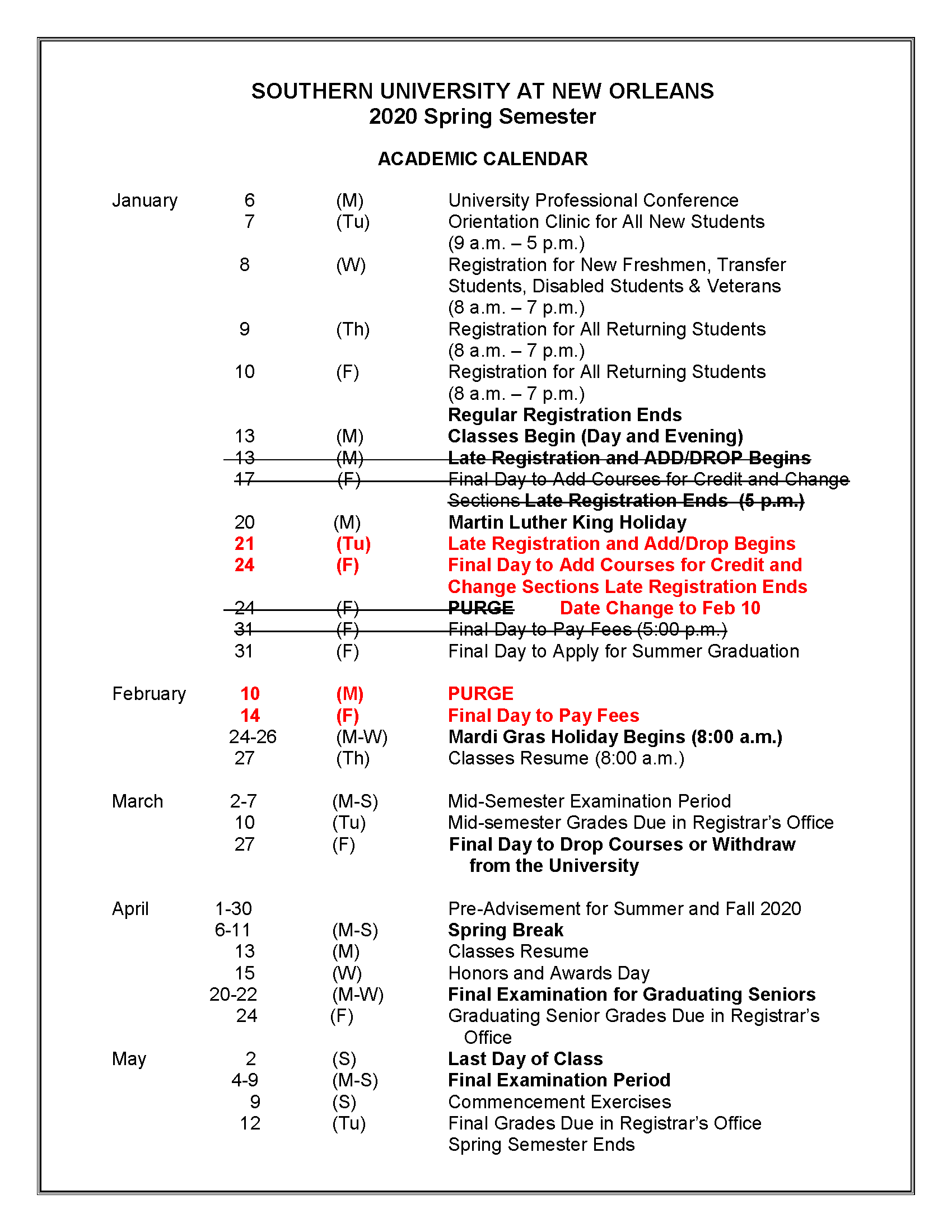 Academic Calendars Southern University At New Orleans Academic Calendars Southern University At New Orleans