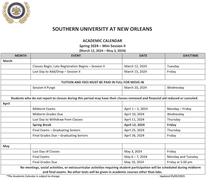 Academic Calendar Southern University at New Orleans