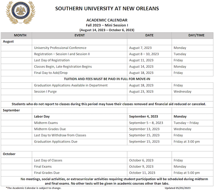 Academic Calendar Southern University at New Orleans