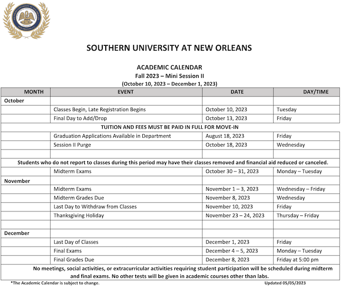 Academic Calendar Southern University at New Orleans