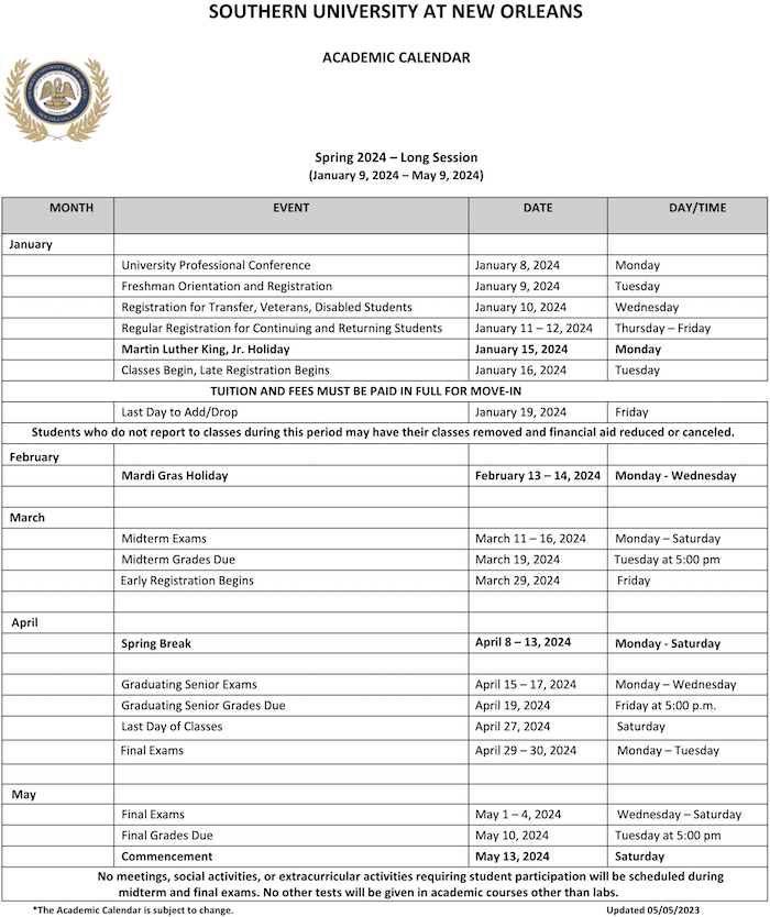 Academic Calendar Southern University at New Orleans