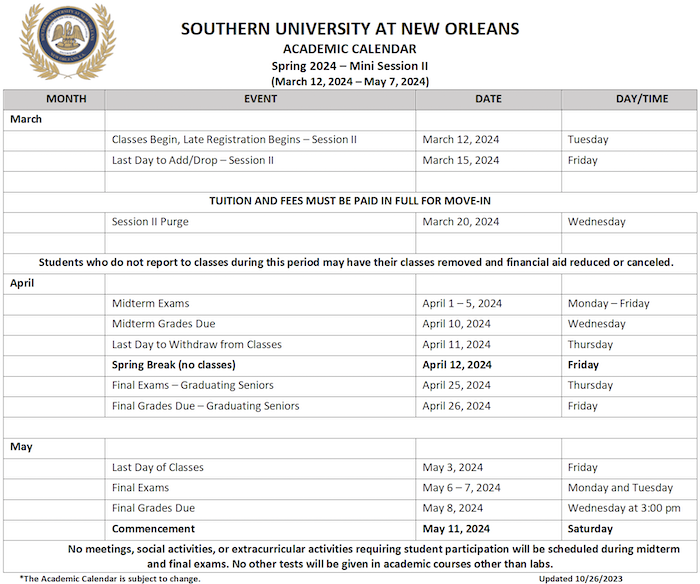 Academic Calendar Southern University at New Orleans