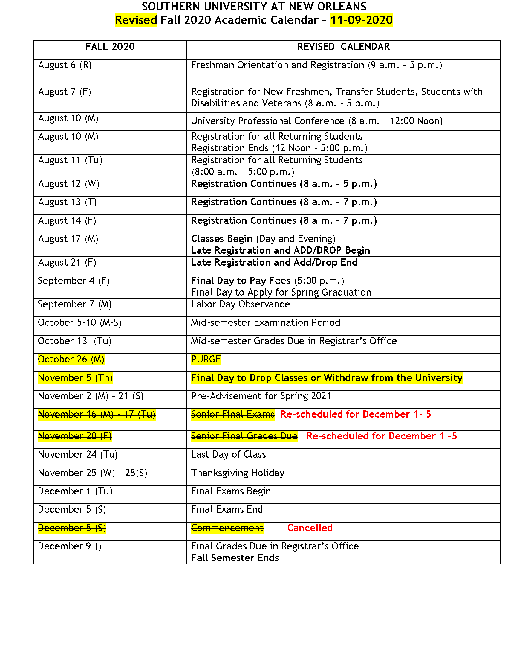 Academic Calendars Southern University at New Orleans