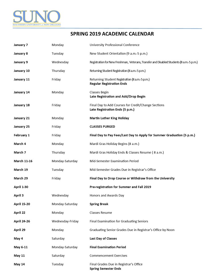 Academic Calendars Southern University At New Orleans