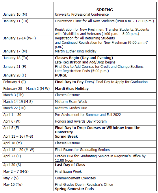 Luc Academic Calendar Spring 2022 Academic Calendar | Southern University At New Orleans