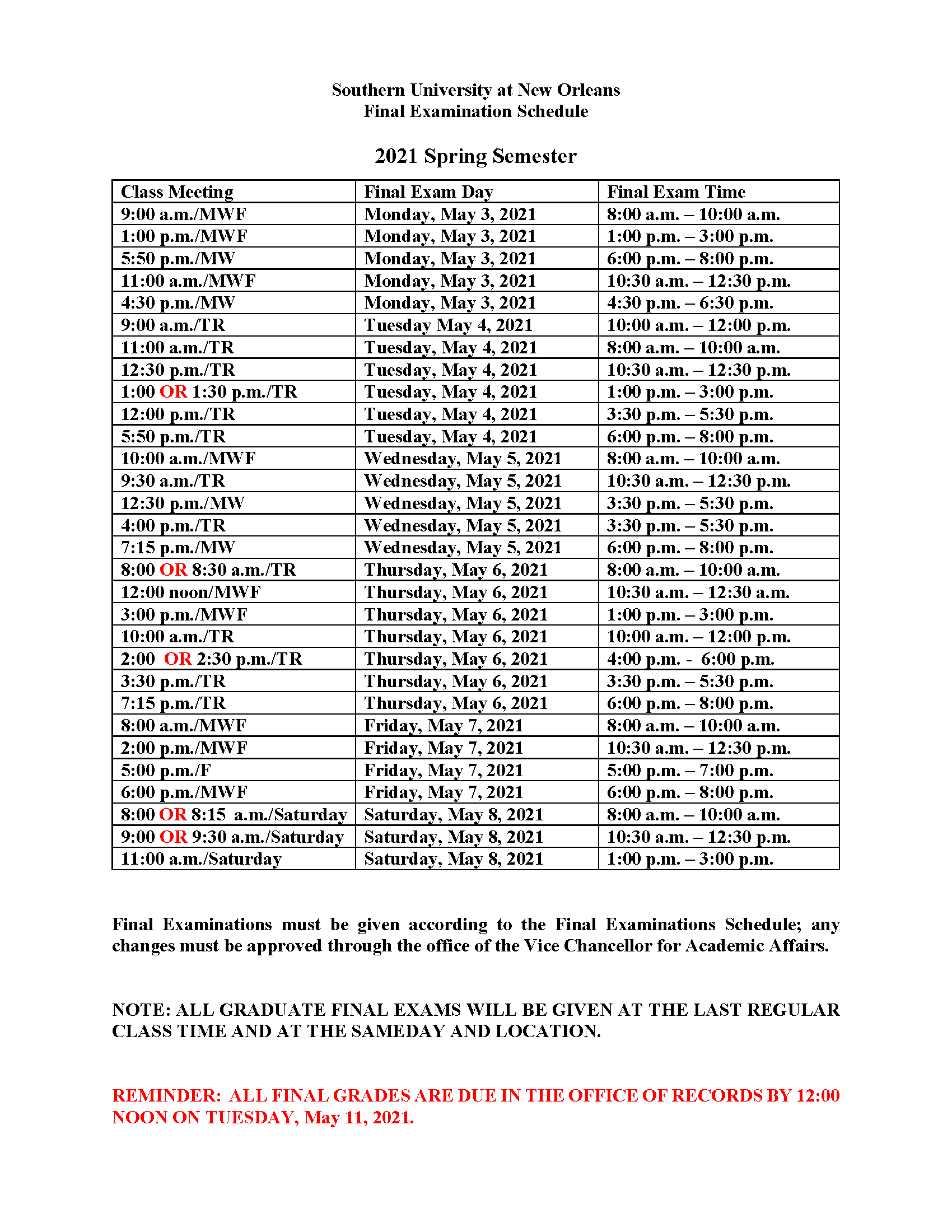 Unt Fall 2022 Final Exam Schedule Final Exam Schedule | Southern University At New Orleans