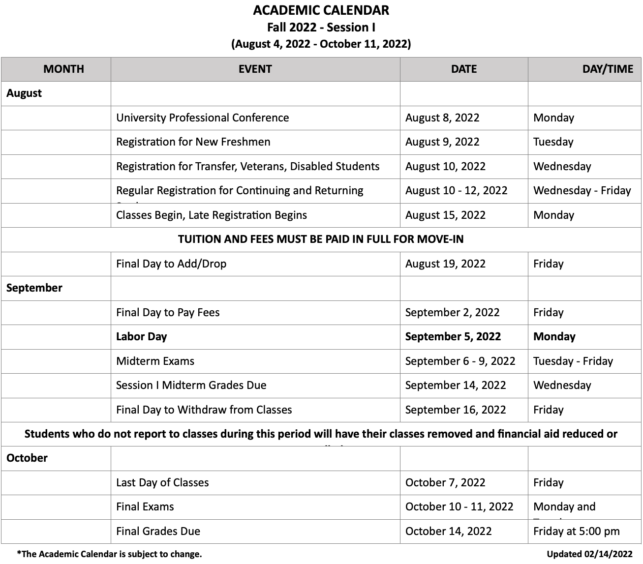 Academic Calendar Southern University at New Orleans