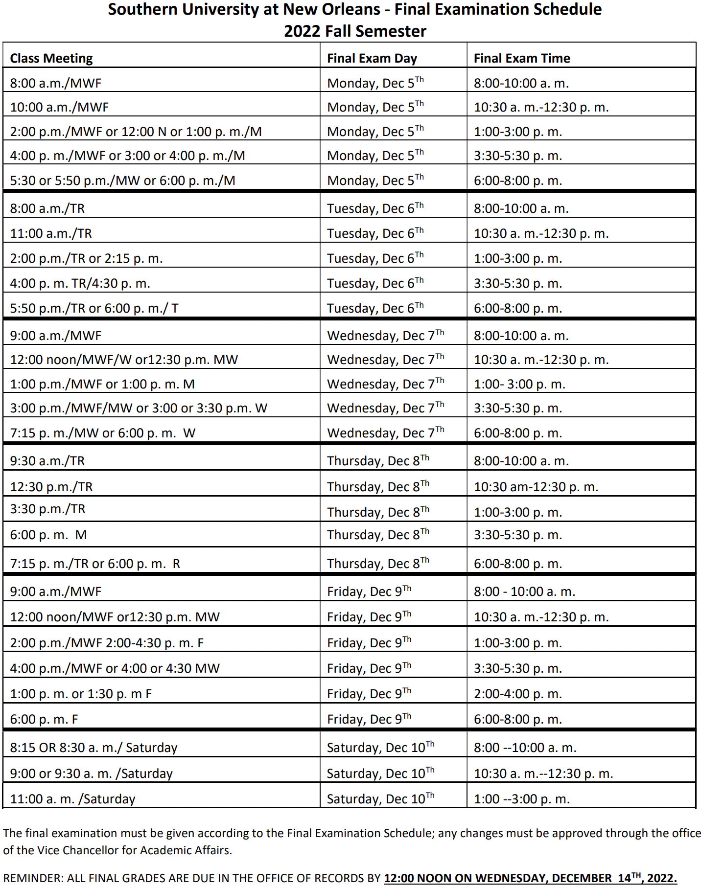 Final Exam Schedule Southern University at New Orleans