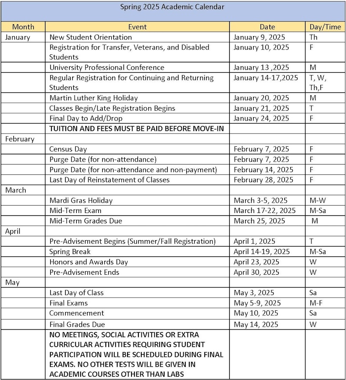 Academic Calendar Southern University at New Orleans