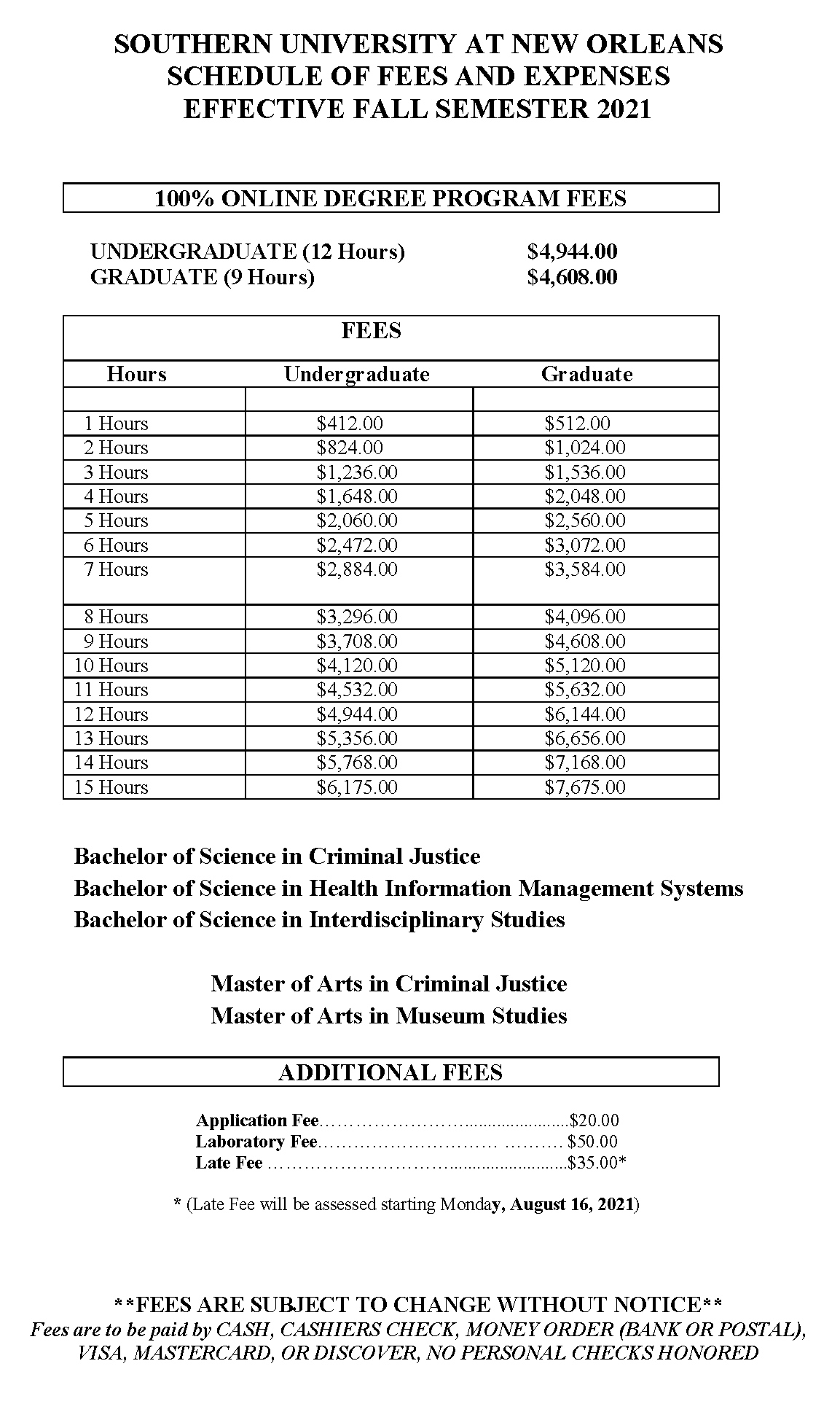 SUNO Online Tuition and Fees Southern University at New Orleans