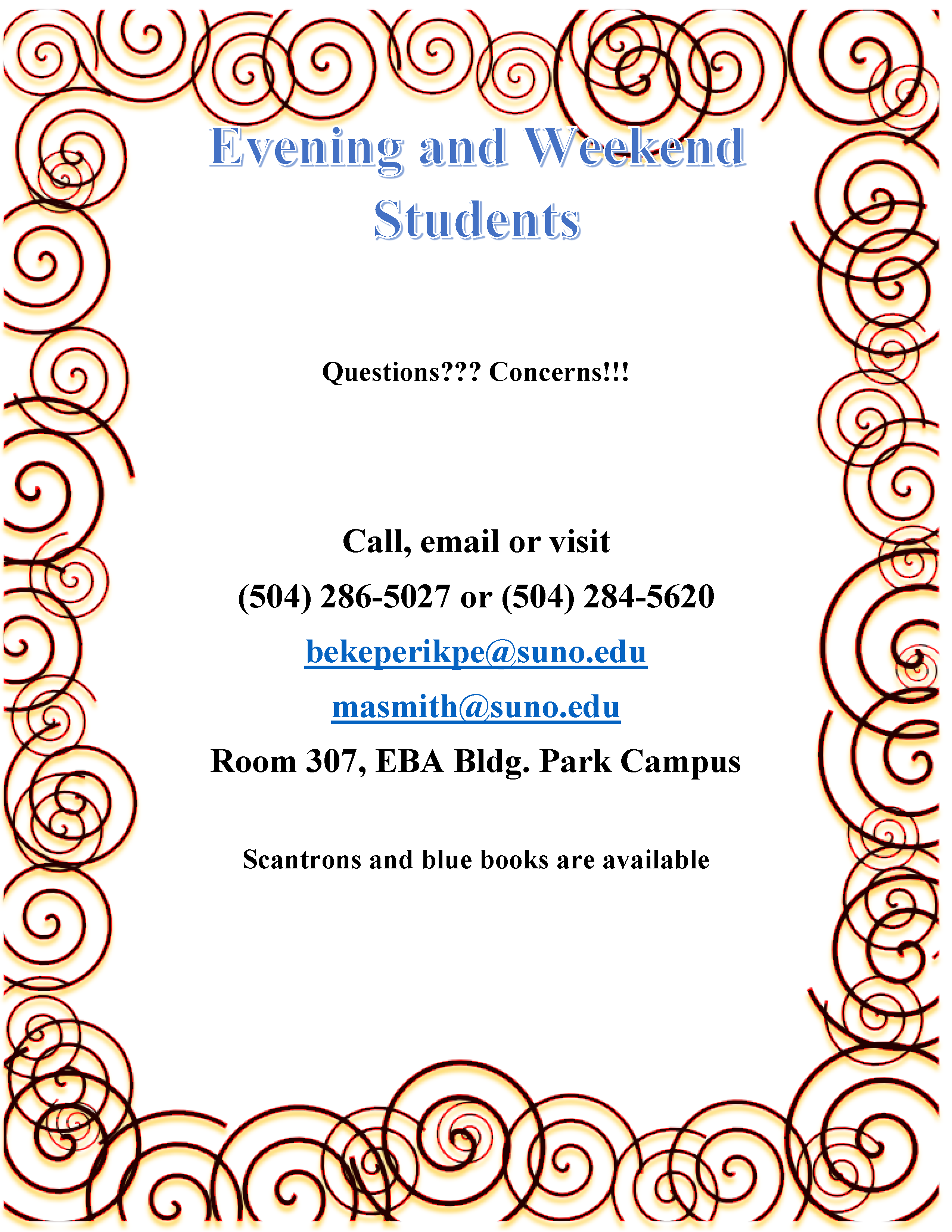 Evening and Weekend Students Concerns Flyer